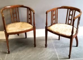 Pair of Edwardian mahogany and string inlay bow back chairs, good used condition in need of