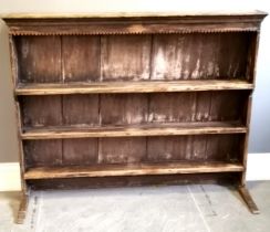 Antique Pine 3 shelved delft rack, with partial original finish in areas, 139 cm wide, 38 cm deep,