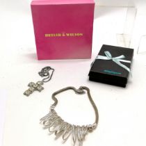 Butler & Wilson 6cm costume cross on white stone set 46cm necklace t/w Majique silver tone necklet