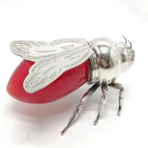 Italian novelty silver plated bee honeypot with red glass body and hinged winged lid ~ purchased