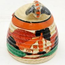 Clarice Cliff (c.1932) Fantasque Bizarre beehive honey pot decorated with farmhouse - 8 cm high & no