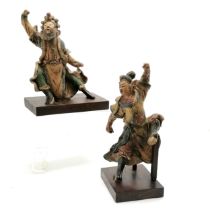 Antique pair of Oriental pottery glazed figures (appear to have been part of a larger piece) on