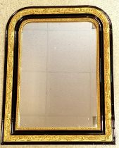 Antique over mantle mirror with ebonised & gold painted detail - 69cm x 52cm