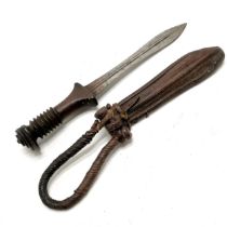 Antique African double fullered knife with original leather scabbard - 28cm total length ~ losses to