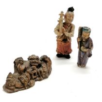 Antique (17th century?) Chinese hand carved soapstone foo dogs brush rest - 11cm across t/w 2 x hand