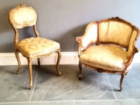 Antique French carved giltwood framed salon chair, 75 cm wide, 60 cm deep, 73 cm high, t/w similar