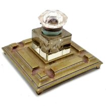 Antique brass square inkstand with original glass inkwell ~ 13cm square and lid a/f and slight