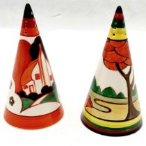 2 x Wedgwood Clarice Cliff Centenary collection Conical sugar shakers ~ 'Farmhouse' & 'Limberlost' -
