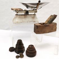 Set of Vintage kitchen scales and weights, slight rusting to scales, t/w carpenters plane.