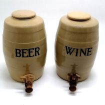 Pair of stoneware drinks barrels with wooden taps - Wine & Beer ~ 32cm high & no obvious damage