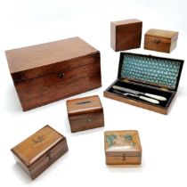 7 x antique wooden boxes inc olive wood swallow decorated, domed money box (lacks 1 brass mount),