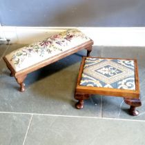 Tapestry Covered oak framed footstool on cabriole legs, 68 cm length, 25 cm deep, 22 cm high, good