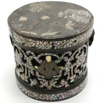 Antique Chinese mother of pearl decorated Papier Mache lidded box with pierced detail, decorated