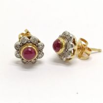 Pair of 18ct hallmarked gold cabochon ruby & diamond set earrings - 3.3g total weight