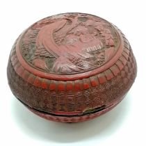 Antique (18th century or earlier?) Chinese cinnabar lacquer lidded box - 12cm diameter and has