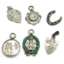 6 x silver fobs / medallions inc good luck horseshoe, Nasmyth cup (curling) etc - total weight 42g