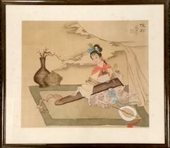 Hand painted Chinese picture on silk of a seated lady playing a musical instrument - frame 48.5cm