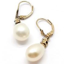 Pair of 9ct pearl & diamond set drop earrings - 3cm & total weight 3.4g