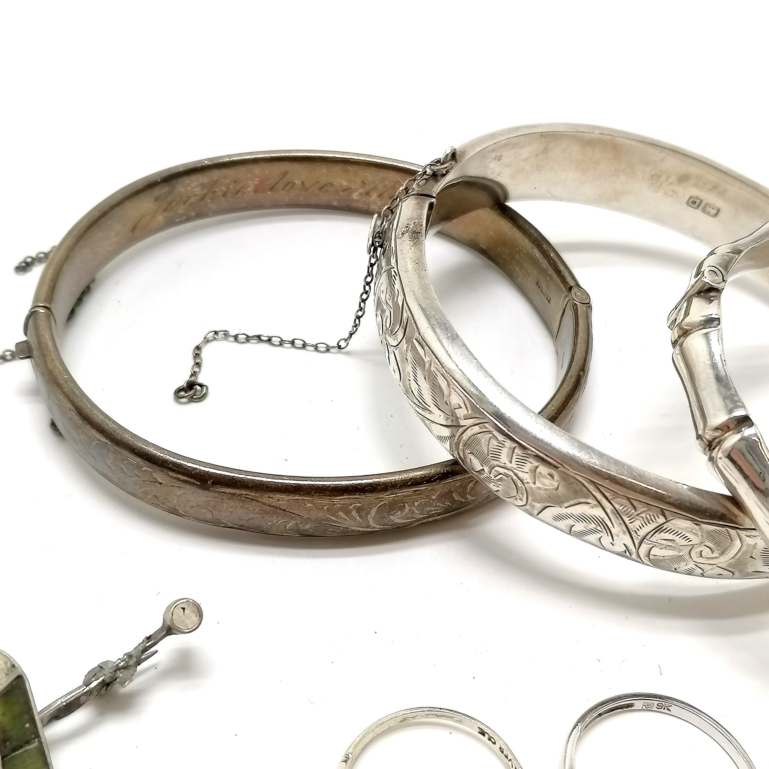 3 x silver bangles - plain one has dedication to inside & safety chains a/f, 2 antique brooches - ( - Image 2 of 2