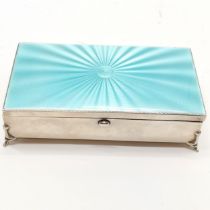 Albert Carter good quality 1930 silver & blue guilloche enamel table cigarette box on 4 cabriole