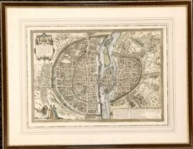 Framed map of Paris after 16th century map ~ frame 54cm x 69cm ~ some light toning