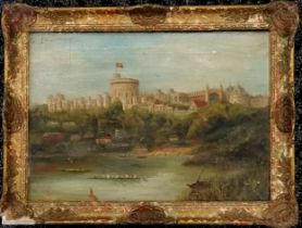 Antique oil painting on canvas of Windsor castle from the riverbank showing rowing 8 crews signed on