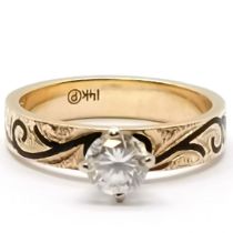 14ct marked gold high white stone set ring with enamel decoration and chased engraving - size N &