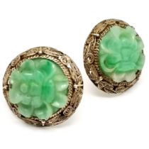 Oriental pair of unmarked silver carved jade flower design earrings - 2cm diameter