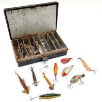 Collection of fishing lures, plugs, spinners etc inc tin ~ in used condition