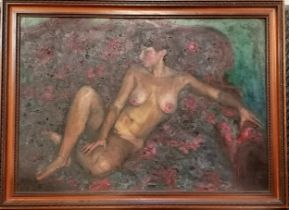 Large signed (on reverse) oil painting on canvas of a nude lady sat in a chair titled 'Rococo' and