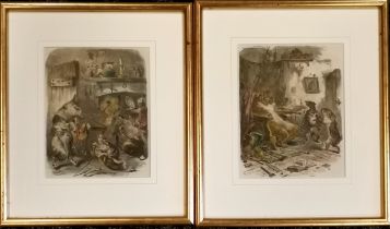 Pair of c.1890 hand tinted engravings of anthropomorphic animals by Harley - frame 30cm x 25cm