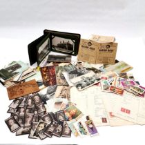 Qty of mostly postcards (inc 1906 USA used leather) t/w part photo album, receipts & cigarette /