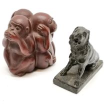 Japanese group of 3 wise monkeys (marks to base) t/w antique green stone statuette of a dog (9cm &