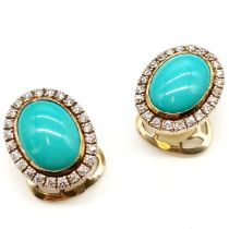 A large pair of 18ct gold marked diamond and cabochon stone set clip on earrings set with 48