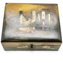 Antique papier mache hand painted stationery box decorated with castle scenes & fitted interior with