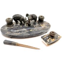 French Art Deco marble desk stand with 2 bronze elephants & 2 inkwells (with glass liners) t/w