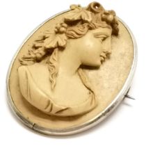 Antique hand carved lava cameo portrait brooch 3.8cm drop ~ slight stress cracks to 1 part of