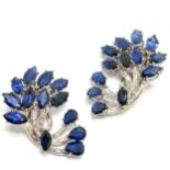 Impressive pair of sapphire & diamond clip on earrings in unmarked white gold mounts (3.8cm