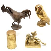 Lion of Venice brass paperweight, opening metal cockerel spice box, brass owl (11cm high & 1 eye a/