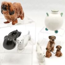 Royal Doulton pekingese t/w pair of sausage dog knife rests, china cat, china dog + puppies &