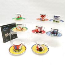 Wedgwood set of 8 Café Chic Clarice Cliff centenary cups with saucers - designs are Secrets / Autumn