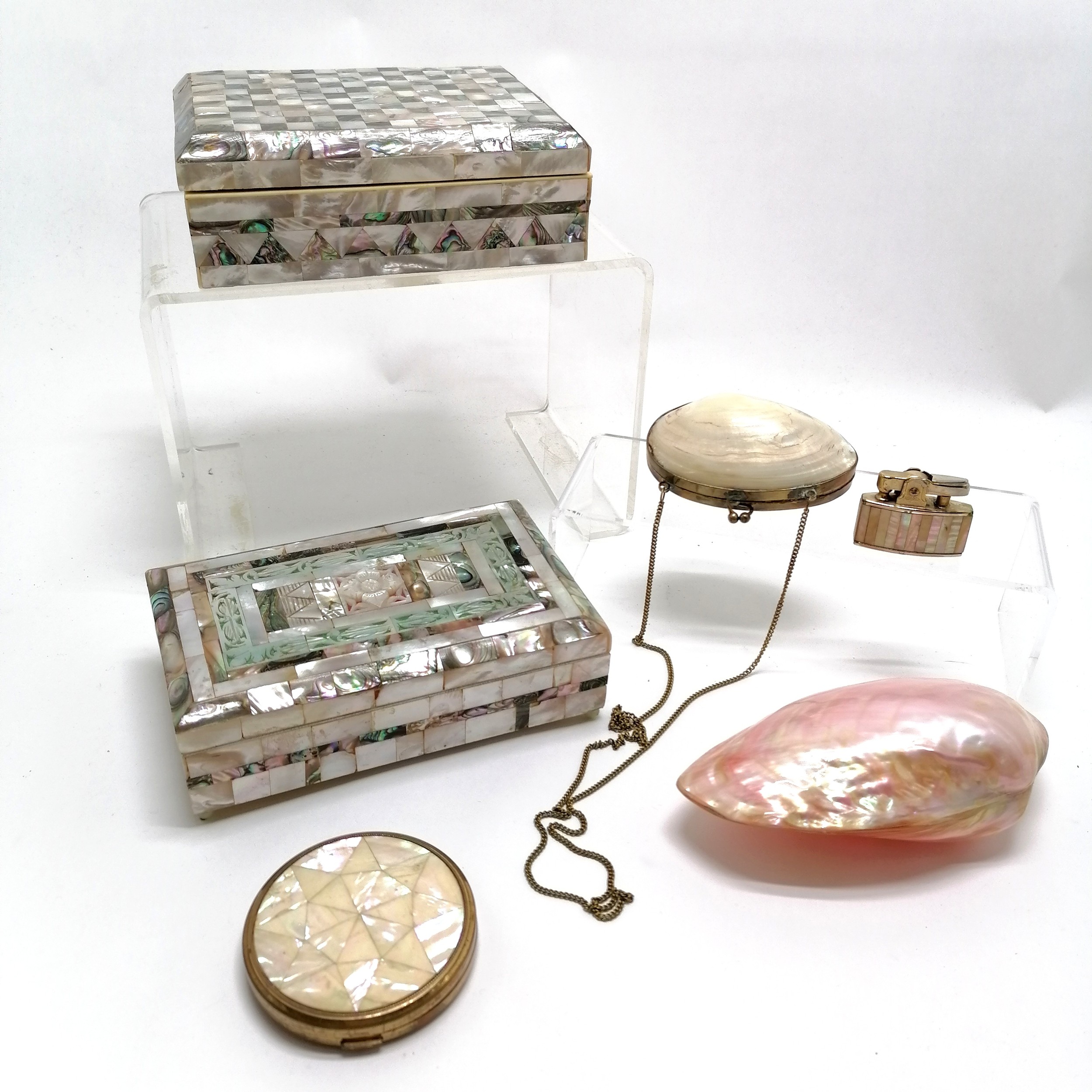 2 x mother of pearl / paua shell decorated boxes - largest 17cm x 13cm x 5.5cm and has some losses