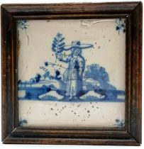 Antique continental Delft tile in an antique wooden frame - 16cm square ~ has surface chips