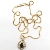 9ct hallmarked gold sapphire & channel set diamond cluster pendant on a 9ct hallmarked gold bead