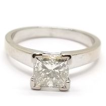 18ct hallmarked white gold princess cut diamond solitaire ring with certificate stating carat weight