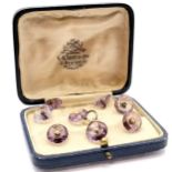 Antique cased set of facet cut amethyst + seed pearl cufflinks / buttons retailed by G E Searle &