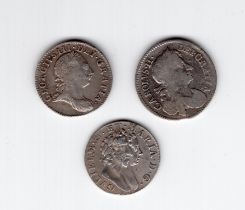 1673 Charles II 4d, 1689 William & Mary 3d (scratches to reverse) & 1762 George III coins