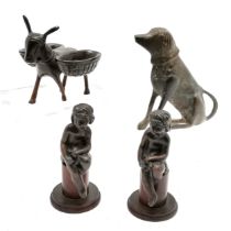 Bronze donkey with baskets, metal dog statue (13cm) t/w pair of bronze children sat on wooden stands