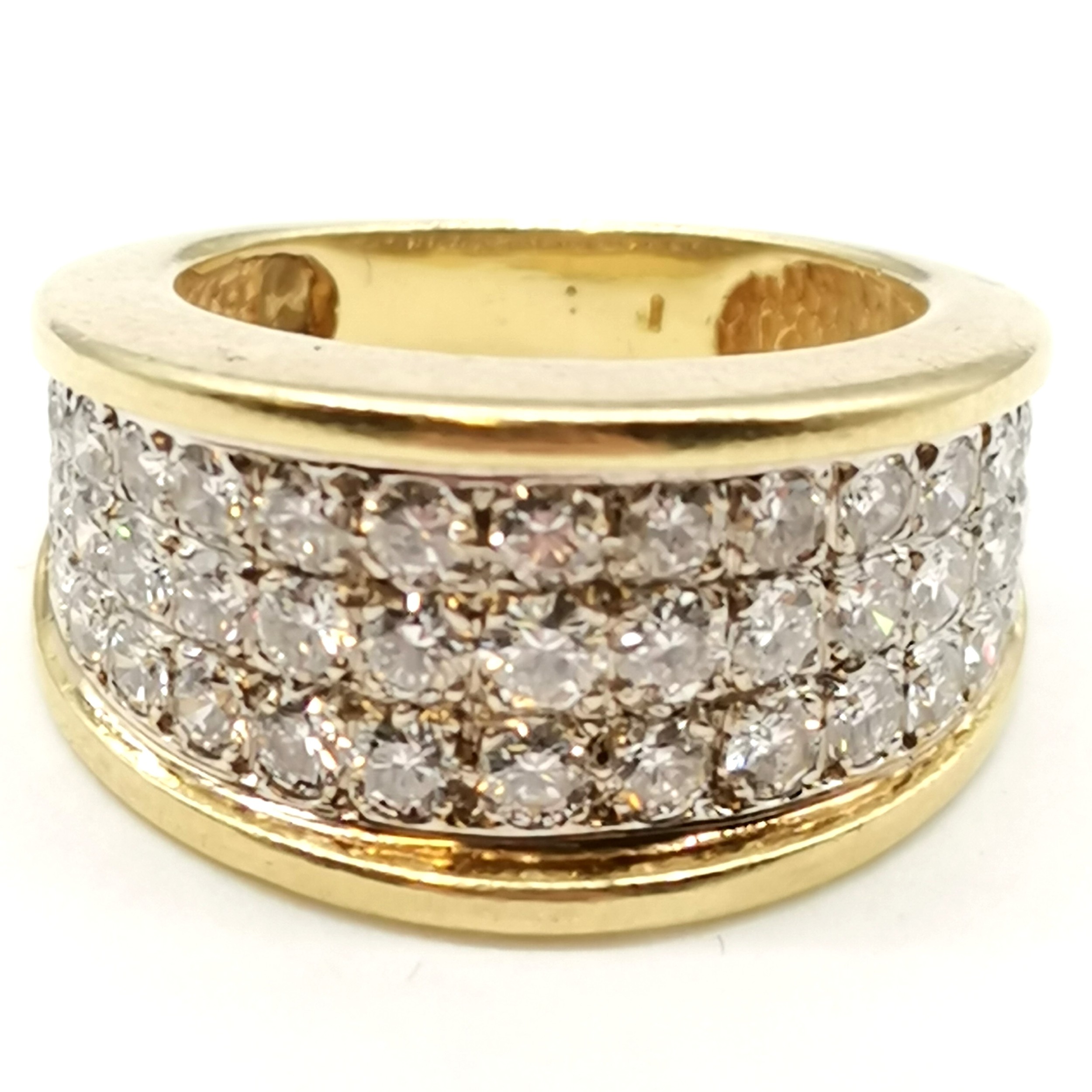 Impressive 18ct gold (unmarked) ring set with 47 diamonds in 3 rows - size L & 10.4g total weight