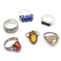 6 x silver rings (3 unmarked) inc oriental coral, Art Deco marcasite etc - total weight (6) 27g